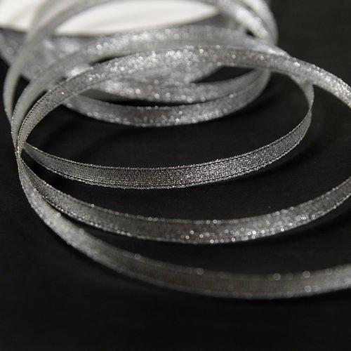 Brocade ribbon, narrow 0.6 cm, silver with a silver border