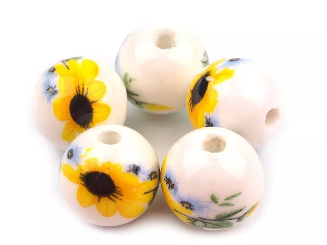 Porcelain beads, ball 12 mm, yellow flowers, 1 pc.