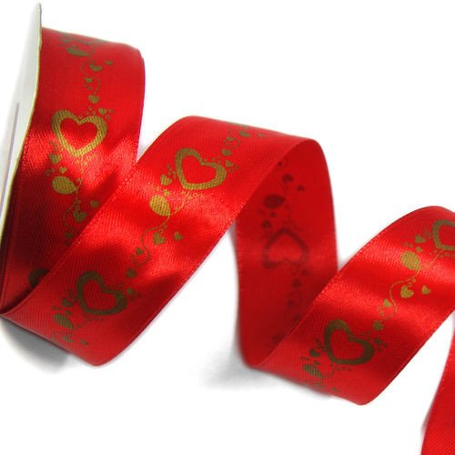 Red satin ribbon 2,5cm with printed pattern, gold hearts