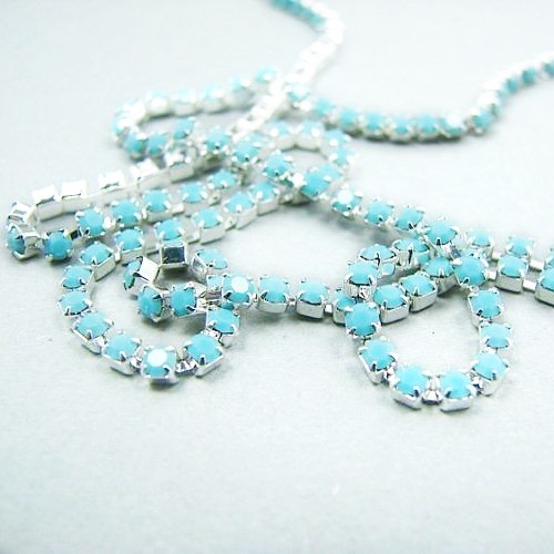 Taśma z kryształkami Preciosa ss 8,5 (~2,5 mm) Turquoise, silver, 10cm
