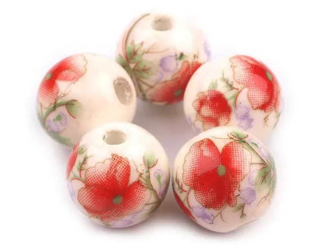 Porcelain beads, ball 12 mm, red flowers, 1 pc.