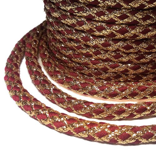 Ornamental cord, braided, 6 mm, burgundy and gold, 0,5m