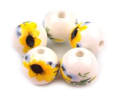 Porcelain beads, ball 12 mm, yellow flowers, 1 pc.