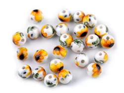 Korale porcelanowe, kula 12 mm, kwiaty żółte, 1 szt