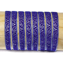 Velvet ribbon 10 mm, dark blue with silver pattern